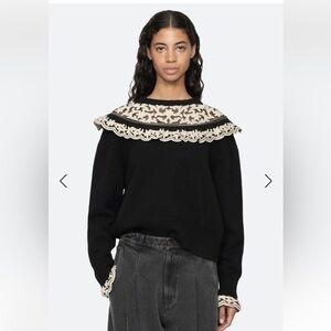 Sea New York Black Crewneck Sweater with Cream Crochet Yoke